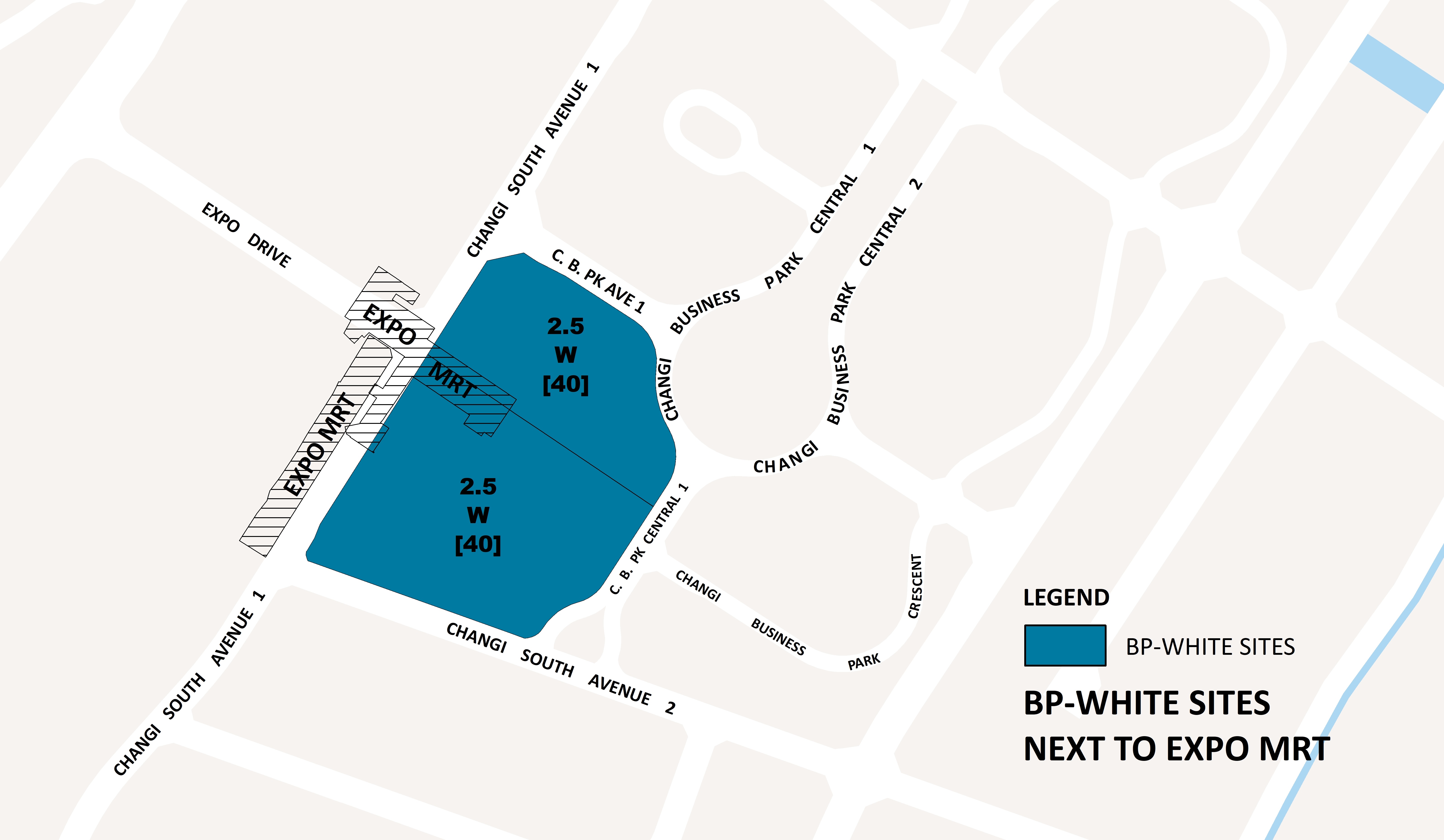 Map showing BP-white sites next to Expo MRT, marked in blue. Roads and labels for Changi area are shown.